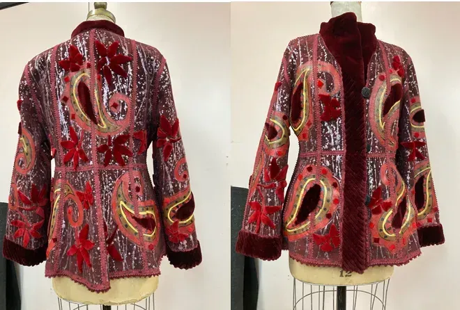 A burgundy embroidered velvet and fur jacket, photographed front and back, an example of remodeled fur construction
