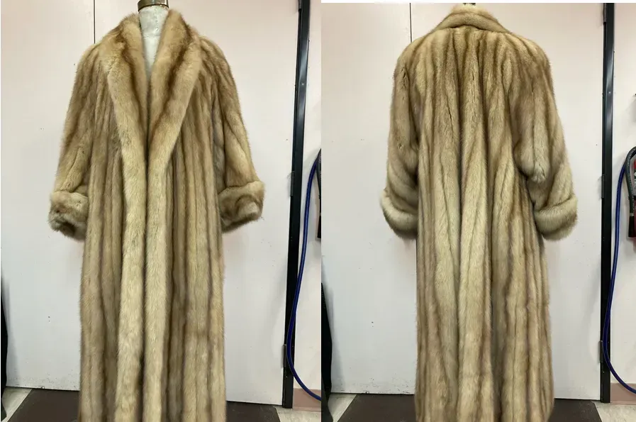 A full-length golden mink coat photographed front and back, part of the rental archive
